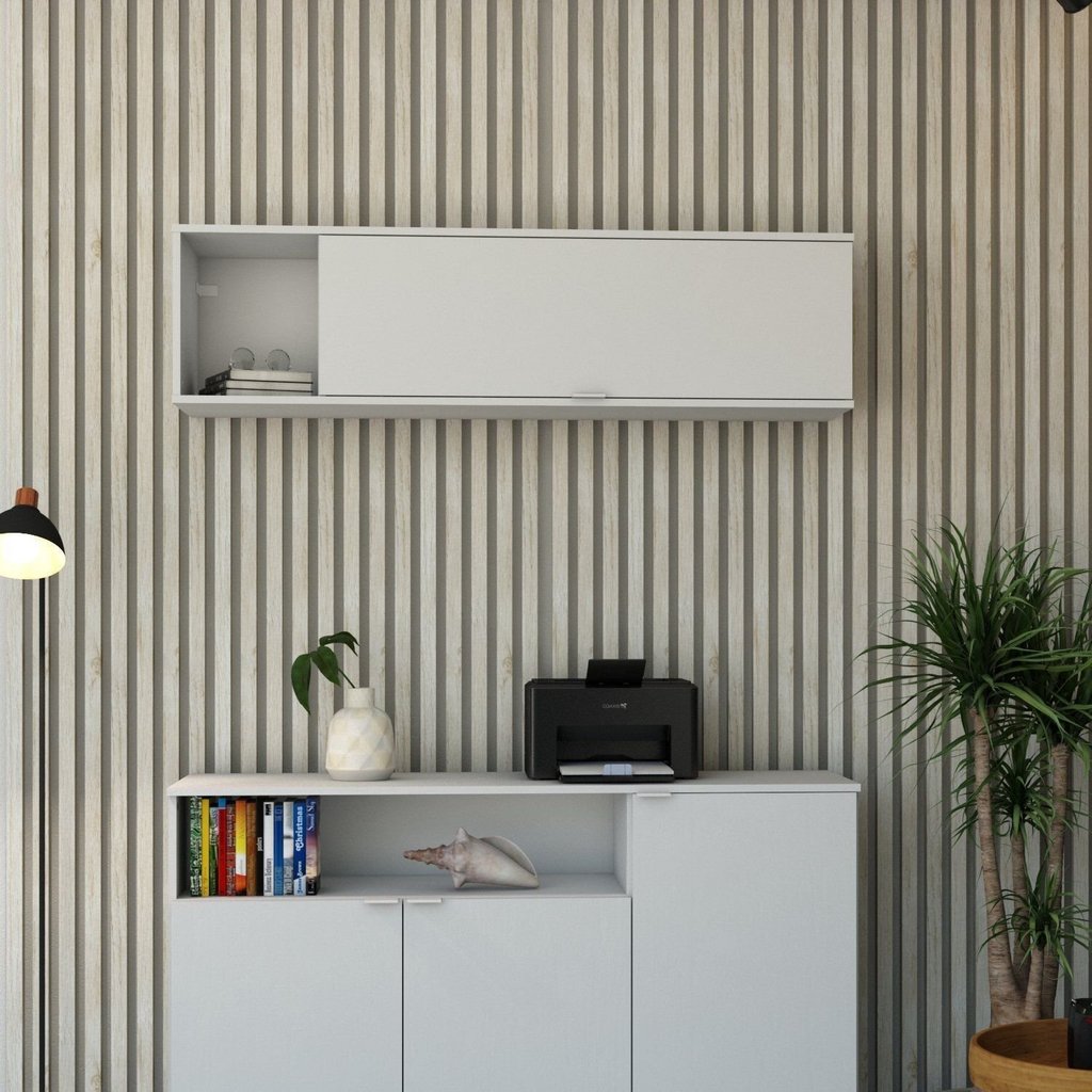 Armário Aéreo com Nicho e Porta Basculante 35x135x35cm Branco Branco