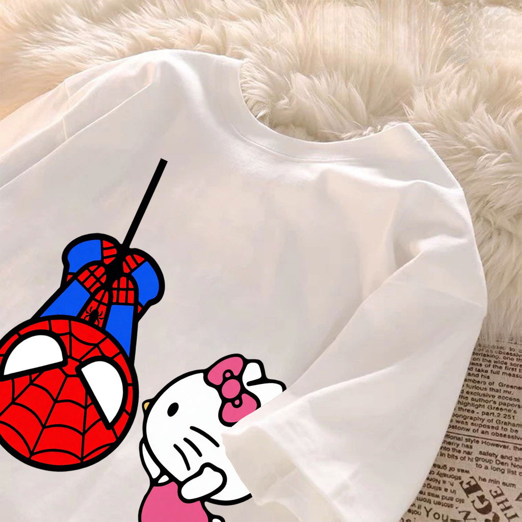 [Camiseta Premium Algodão]JOJO Camiseta Feminina Oversized Streetwear com Estampa de Spider - Man e Hello Kitty, Algodão