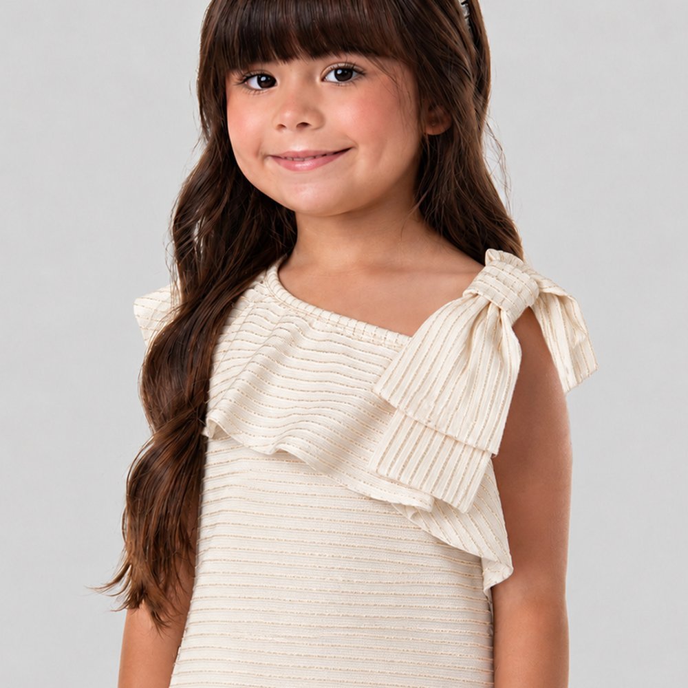 Blusa Infantil Assimétrica Babado Off Regata Laço Listrada Lurex Dourado Brilho