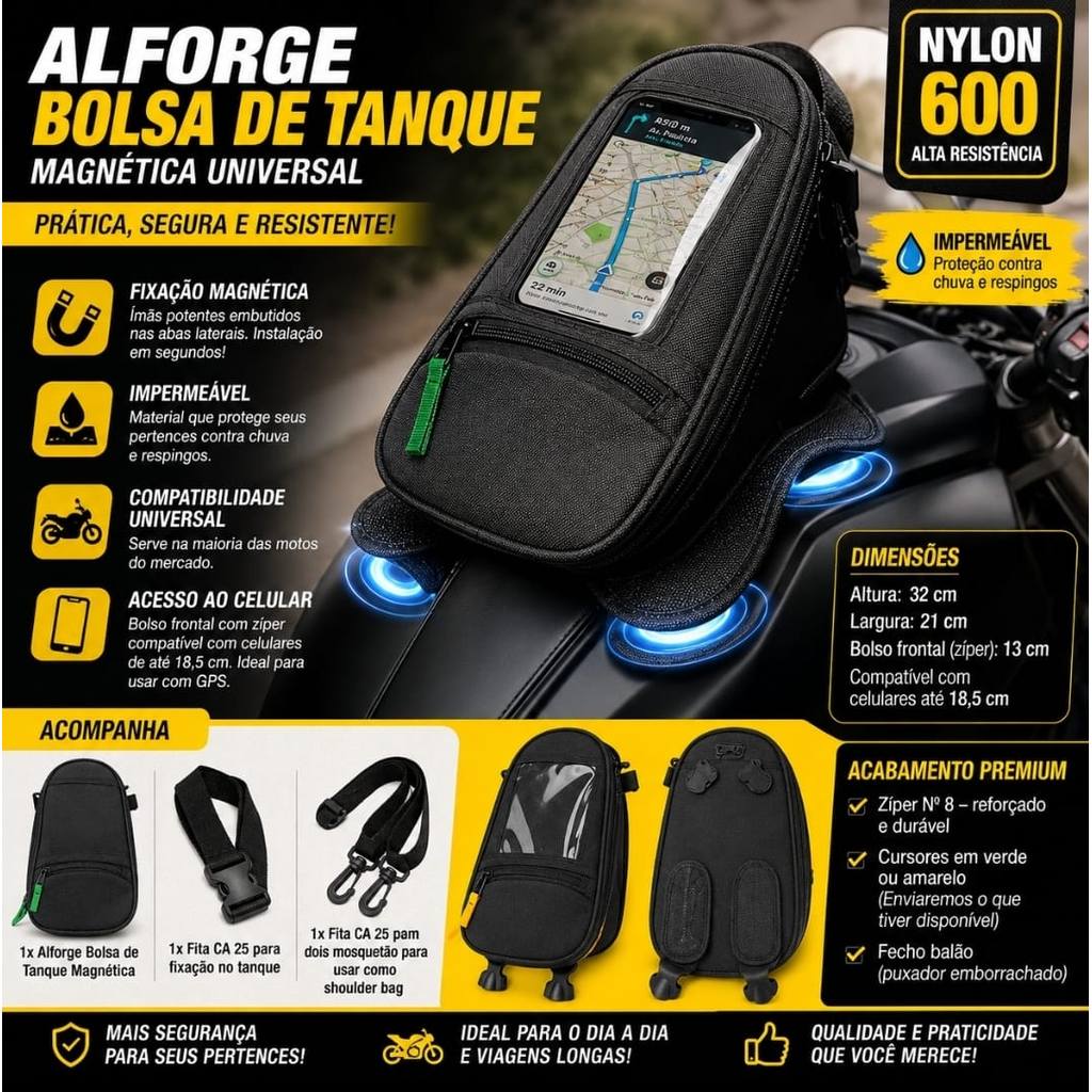Alforge Bolsa Tanque Moto Magnética Impermeável Universal Porta Celular com Ímã Viagem Motociclista Bag Moto