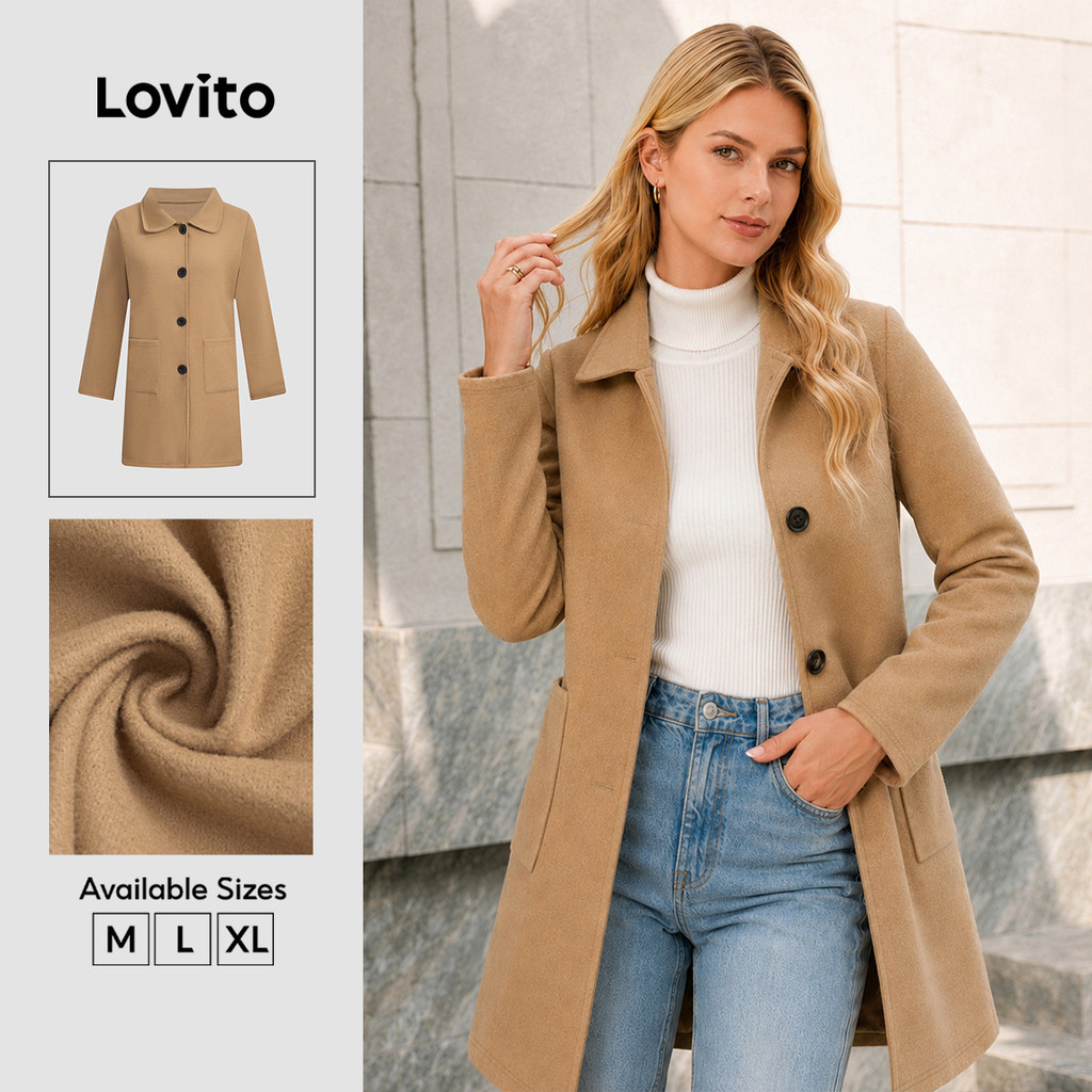 Lovito Elegante Casaco Botão Frontal Casaco Caqui Outono/inverno para mulheres LNL141425