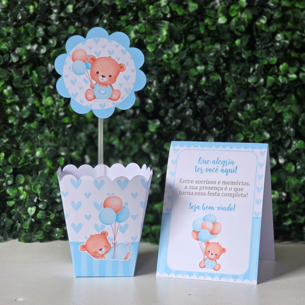 Centros de mesa + Plaquinhas URSINHO AZUL chá de fraldas bebê festa infantil lembrancinhas mimo decoração personalizados