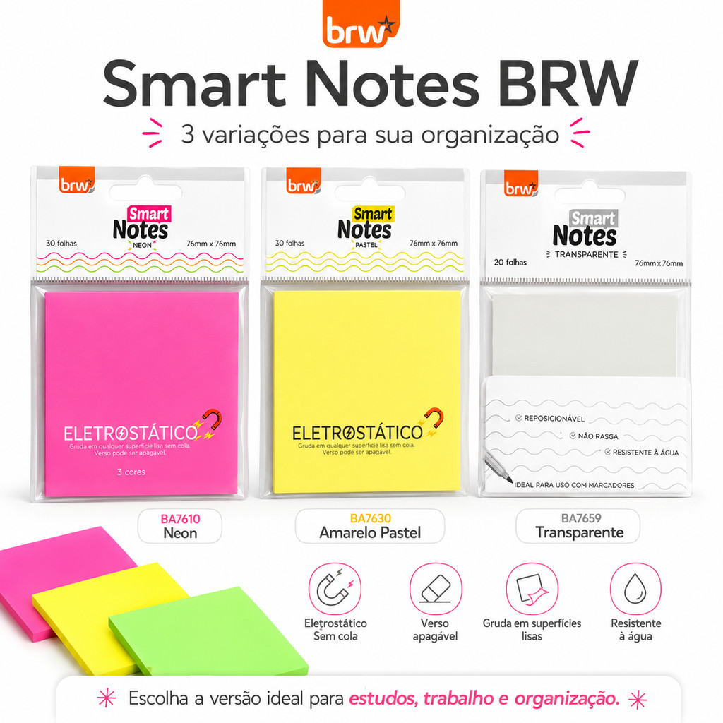 Smart Notes BRW 76x76mm Eletrostático Neon Pastel ou Transparente