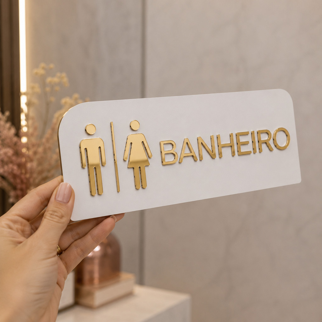 Placa Identificação de Porta, Banheiro em MDF BRANCO com ACRILICO espelhado.