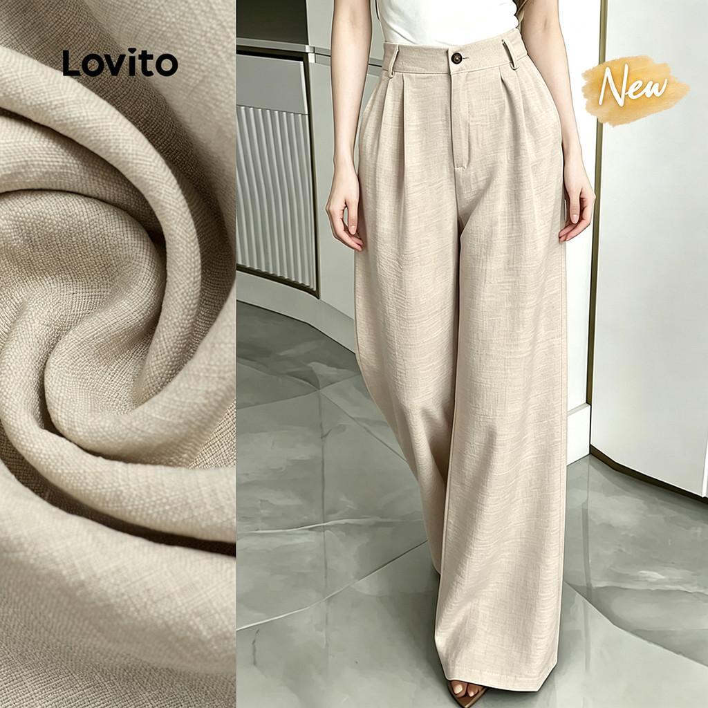 (New Arrival) Lovito Calça Elegante com Botão Traje de Simples Calça Cáqui Clara