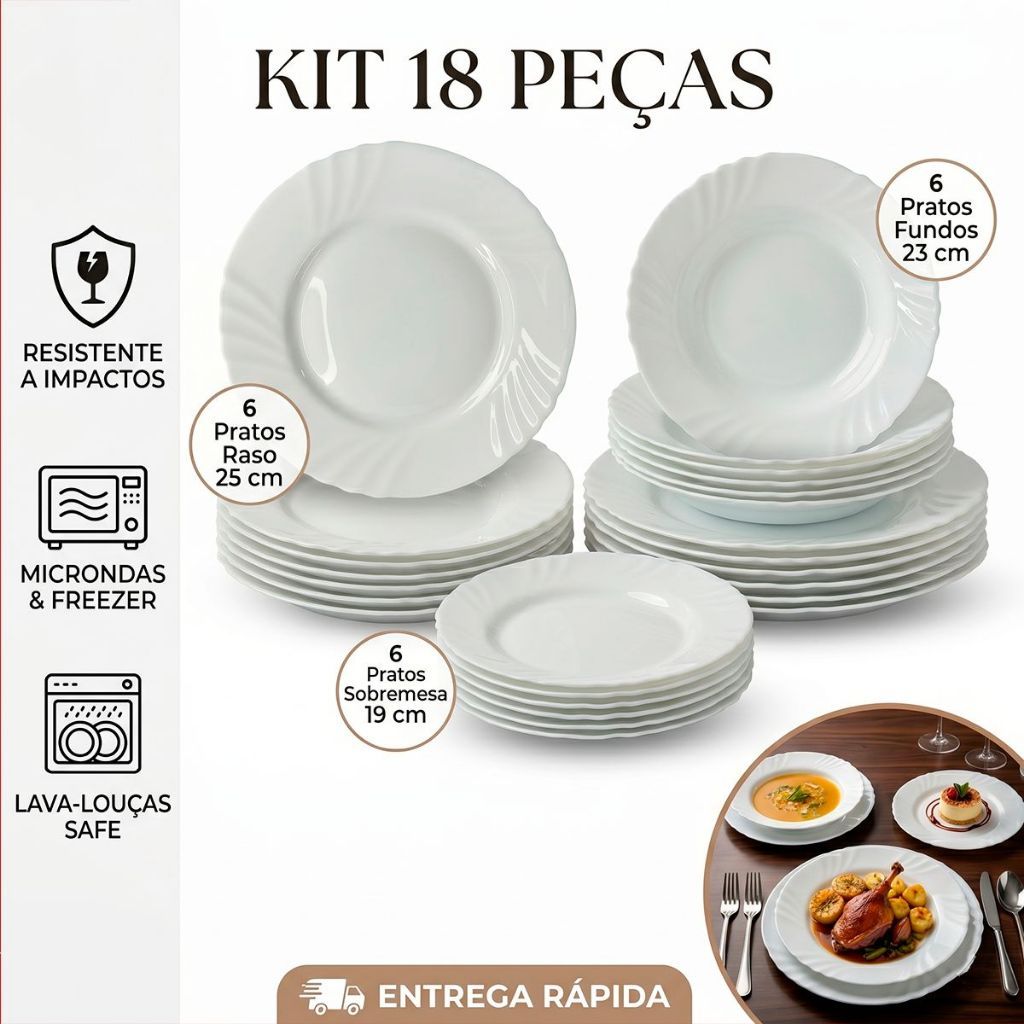 Jogo 18 Pratos Vidro Temperado Opaline Branco 6 Rasos 6 Fundos 6 Sobremesa para Mesa e Jantar