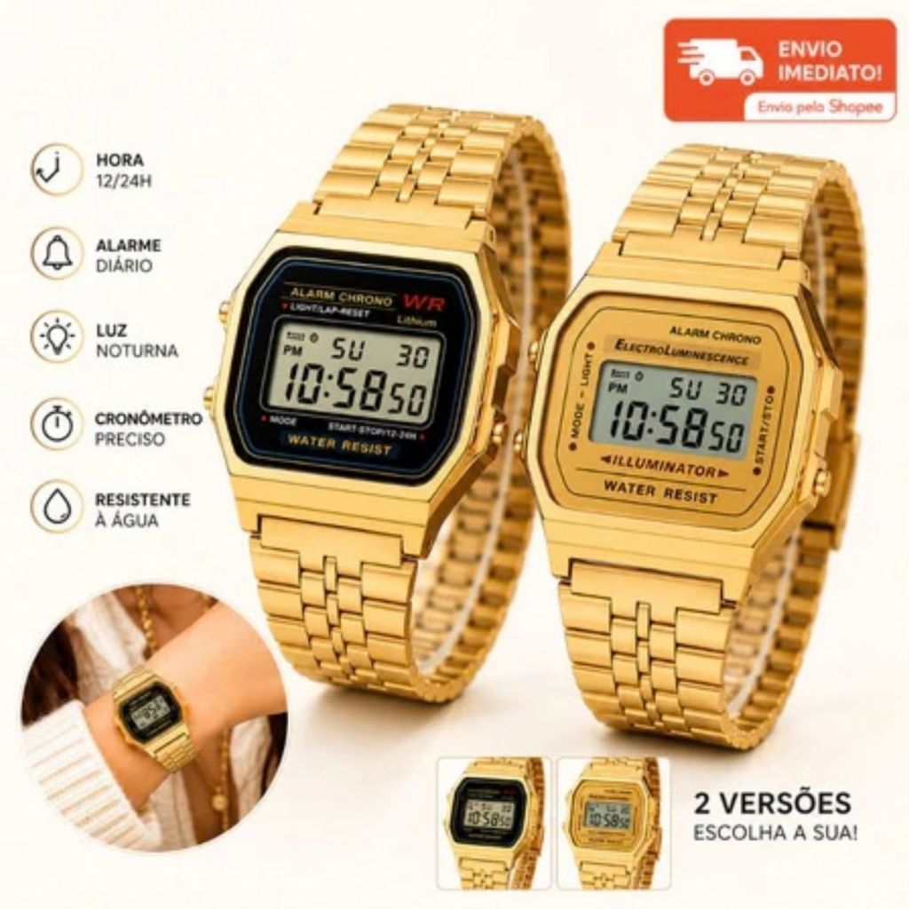 Relógio Digital Retrô Feminino Masculino Dourado - Modelo Vintage Aço
