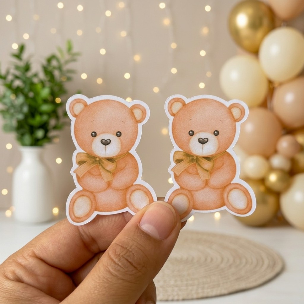 25 Apliques 5cm Ursinho Neutro chá de bebê fraldas revelação tubetes kit festa lembrancinhas mimos adesivo