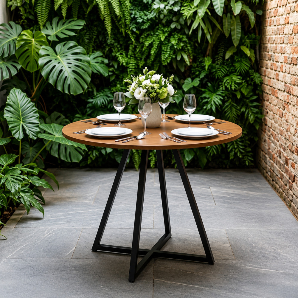 Mesa de Jantar Redonda Paris 90cm Estilo Industrial Tampo Reforçado com Base em Aço Resistente Moderno