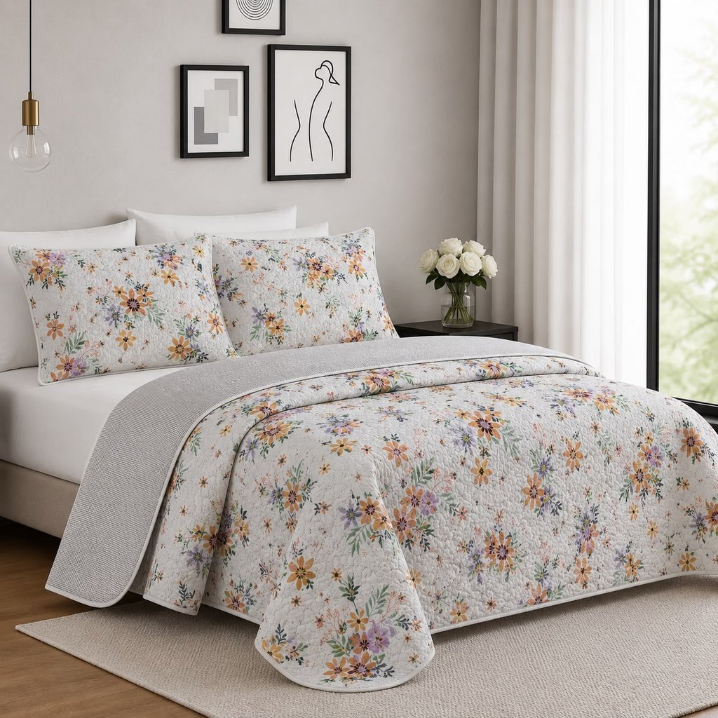 Kit Colcha Cobre Leito Estampado, Dupla Face, 3 peças, Matelado  - (Casal ou Queen)