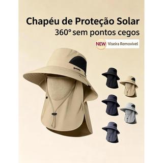 Chapéu de Proteção Solar 360° Unissex com Protetor de Rosto e Pescoço Removível, Aba Larga Respirável, Ajustável
