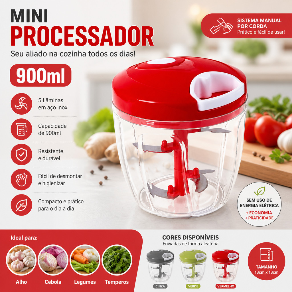 Mini Processador Manual 900ml 5 Lâminas Inox Triturador Alho Cebola Temperos