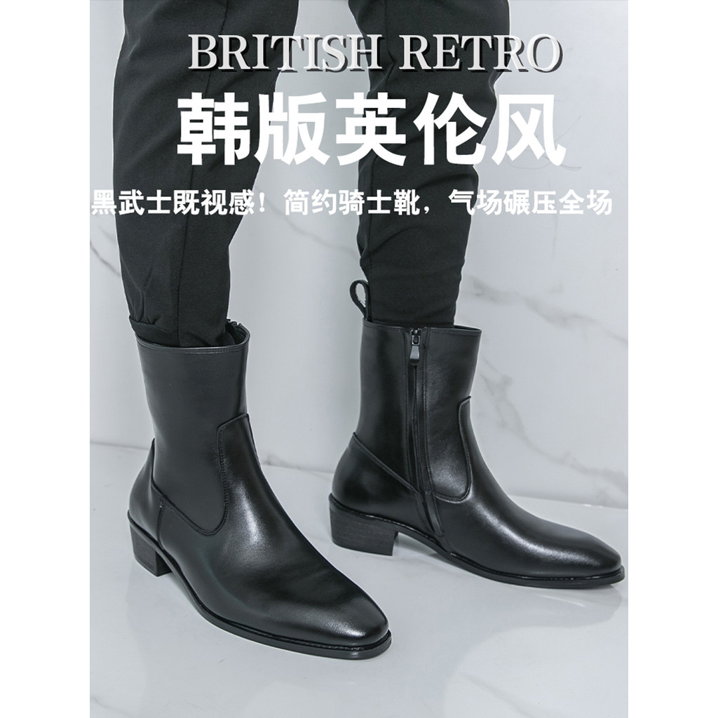 Zíper Chelsea botas masculinas na moda couro genuíno britânico botas curtas All-Match Formal Wear apontou Toe Martin Cas