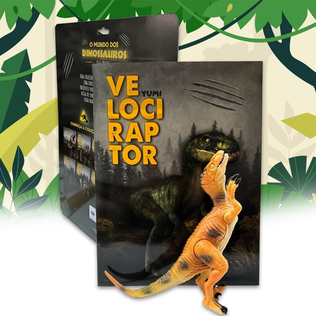 Livro Mundo Dos Dinossauros + Dinossauro Brinquedo Velociraptor Colecionável Articulado E Realista
