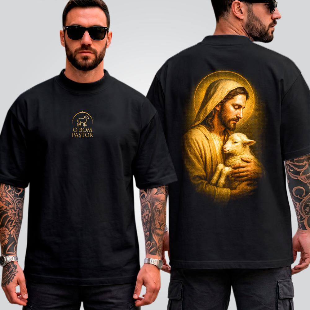 Camiseta Oversized Suedine Masculina Estampada O Bom Pastor Streetwear Halftone Cristã