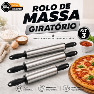 Kit 3 Rolo de Massa Cilindro de Massa Manual Inox 37,5cm Confeitaria Profissional Pastel Pão Macarrão