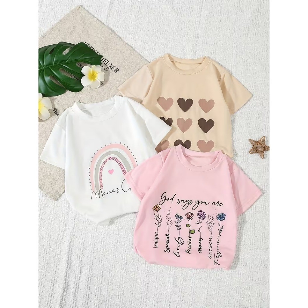 Conjunto Infantil Menina Camisetas 100% Algodão Delicadas Kit 3 Blusinhas Estampa Boho Corações Kids
