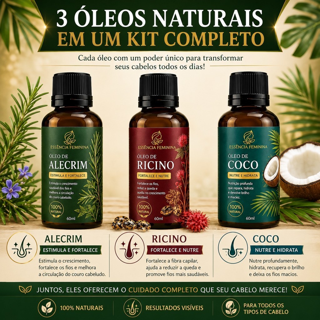 KIT Terapia Capilar 3 ÓLEOS Óleo de Coco + Ricino + Alecrim 60ml Tratamento Capilar