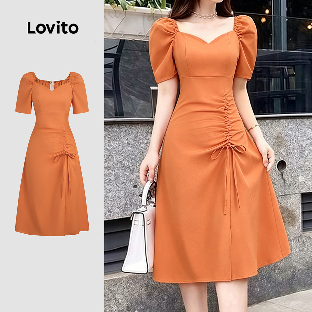 (New Arrival) Lovito Vestido Casual Laranja com Zíper e Cordão para Mulheres pri