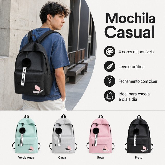 Mochila escolar unissex, leve e espaçosa, com bolso frontal, disponível em várias cores, pode ser enviada para o Brasil.