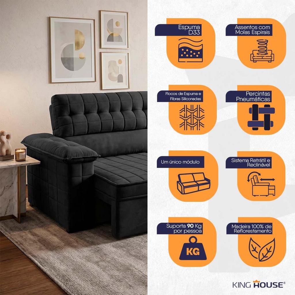 Sofá Retrátil Reclinável 2 lugares com molas 1,50m Quantum Suede Velut Preto - King House · foto 2