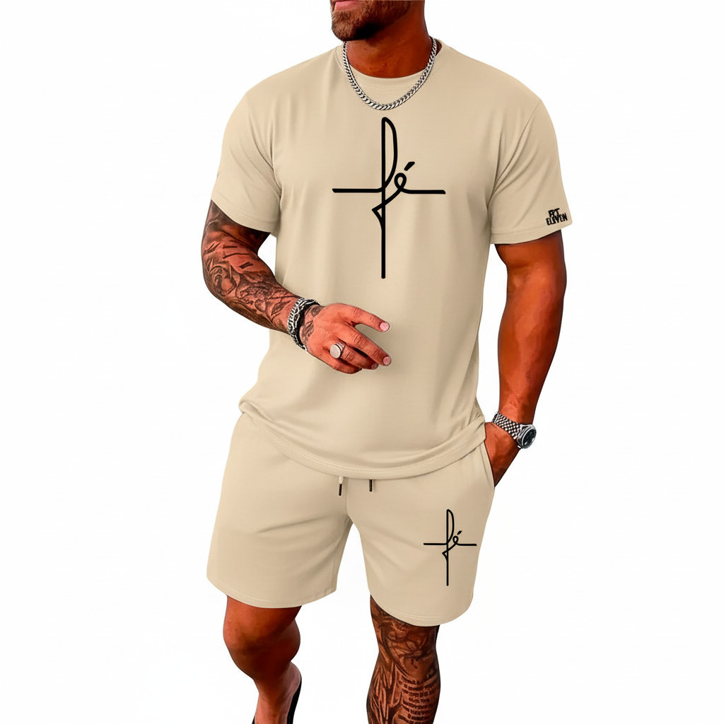 Conjunto camisa e bermuda Fé Masculina 100% Algodão Lançamento Estampada Fé gratidão Confortavel  Unissex