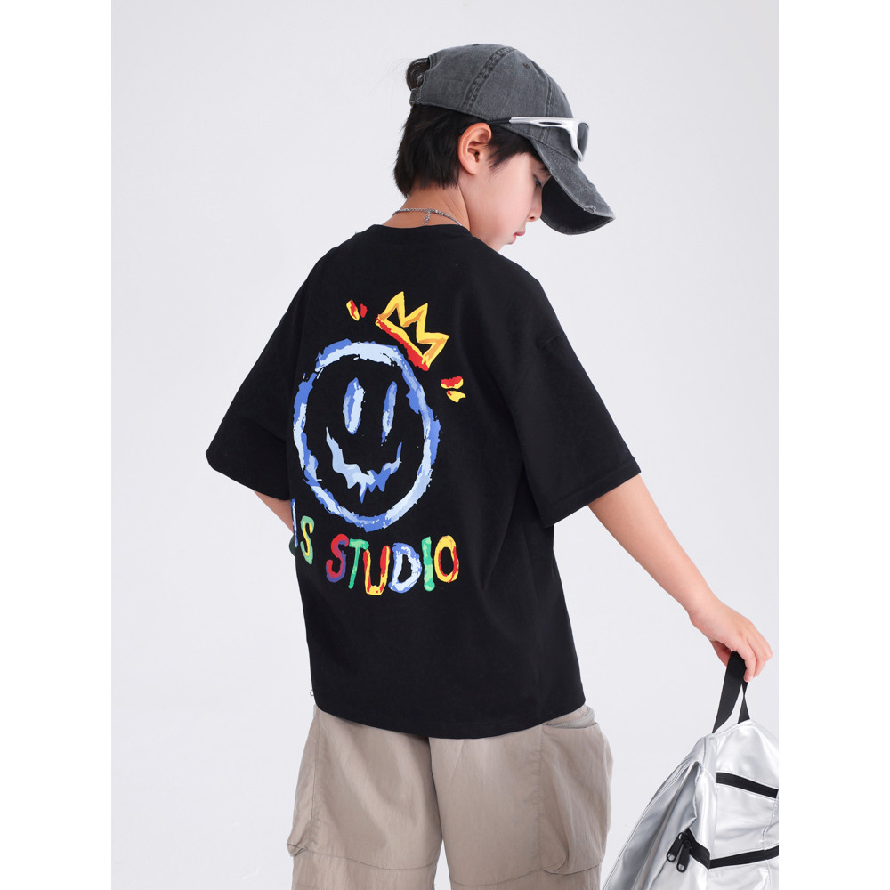 Meninos roupas de verão estilo coreano Graffiti preto puro algodão manga curta camiseta 2026 novo estilo crianças menino
