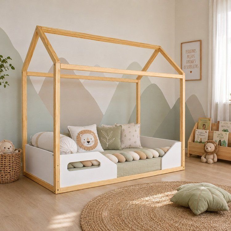 Mini Cama Infantil Montessoriana Zoe Branco/Fosco Madeira |MDF Branco Fosco/Madeira Pinus