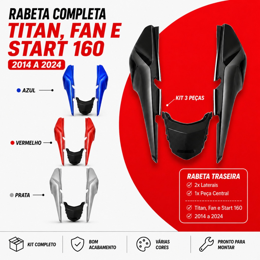 Rabeta Traseira Moto Completa Honda Titan Fan Start 125 150 160 2014 a 2024 Várias Cores