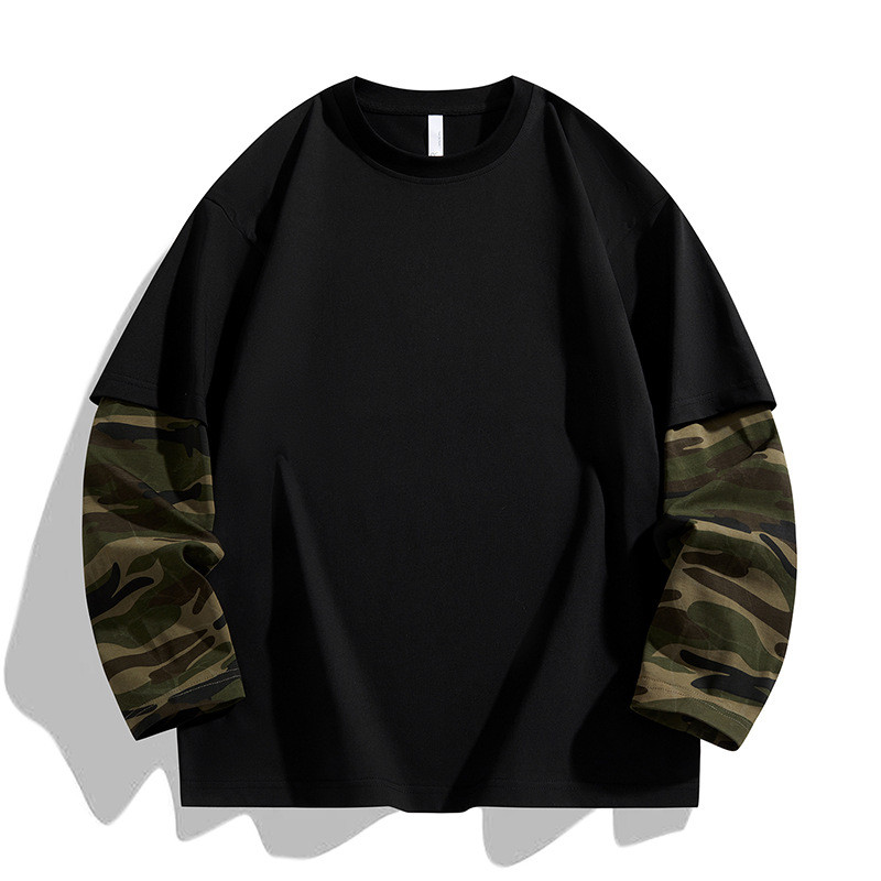Falso de duas peças camuflagem de manga comprida camiseta masculina primavera outono masculino feminino solto Casual em 