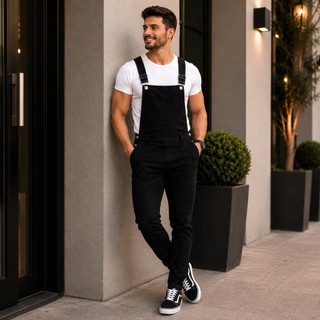Macacão Masculino Jardineira Premium com Elastano Slim Ajustável Casual Moderno