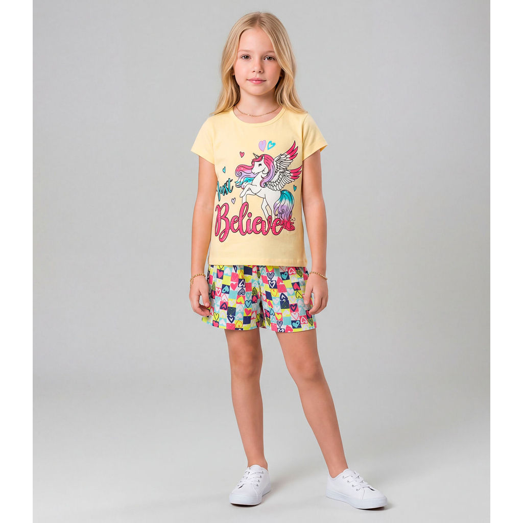 Pijama Verão Menina Curto Algodão Kappes Amarelo