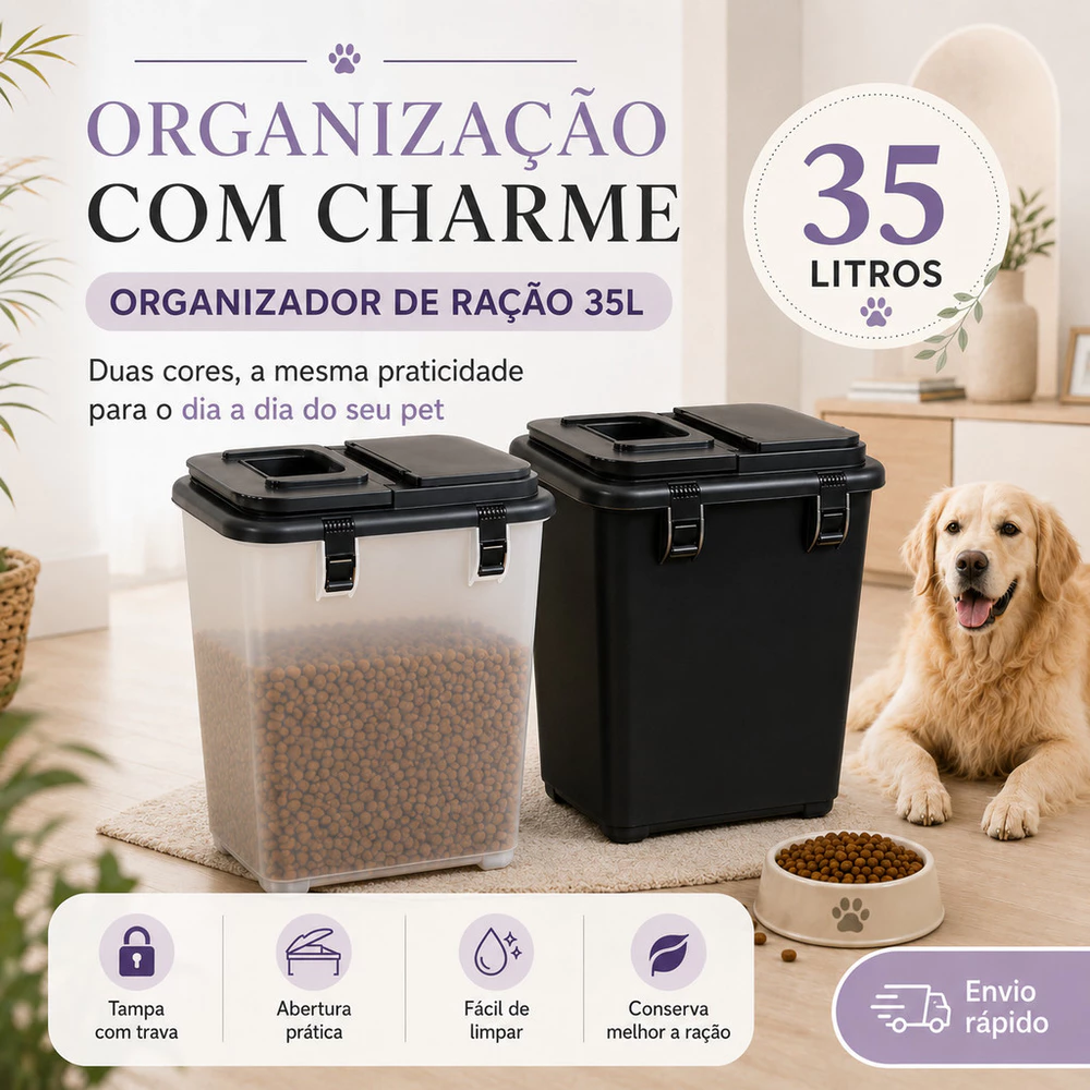 Contêiner Porta Ração 15KG 35 Litros Ração de Cachorro Gato