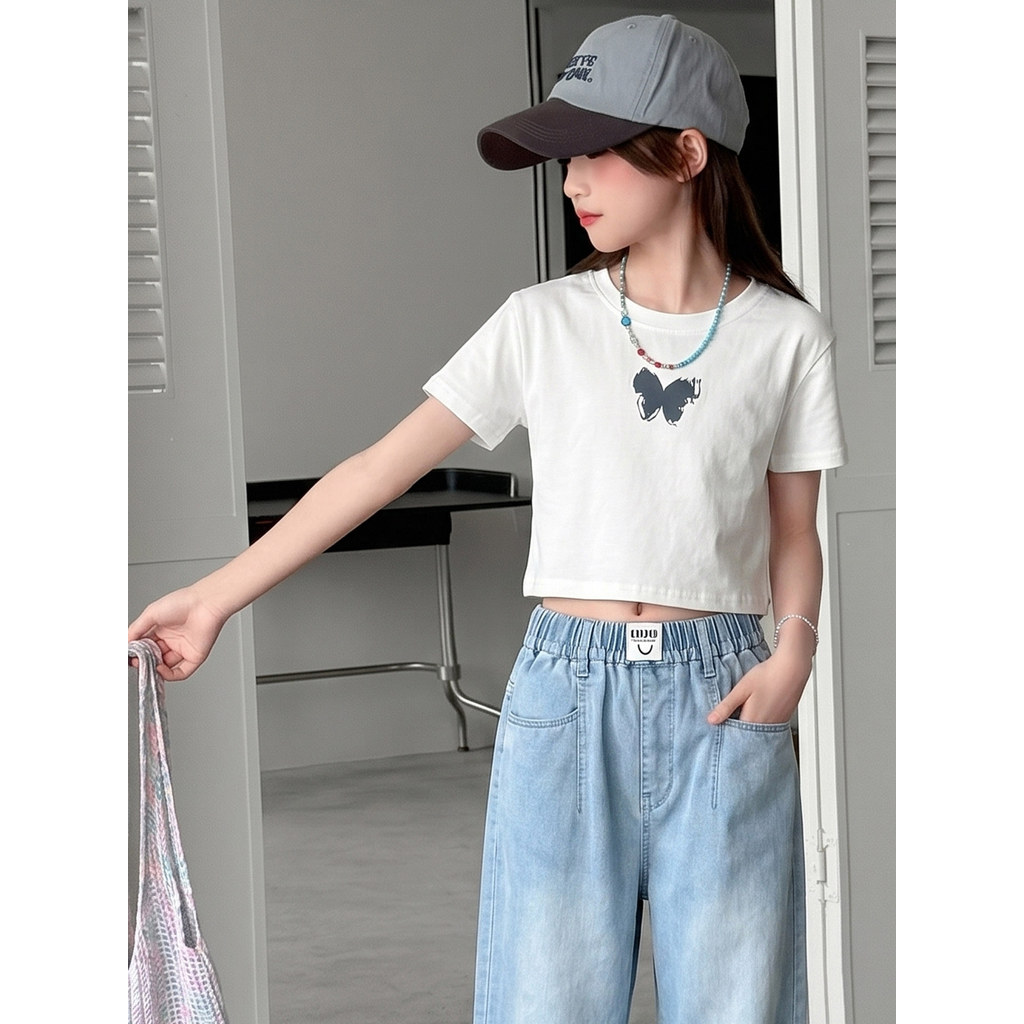 Meninas camiseta de manga curta roupas de verão 2026 novo estilo versão coreana borboleta impressa camiseta crianças men
