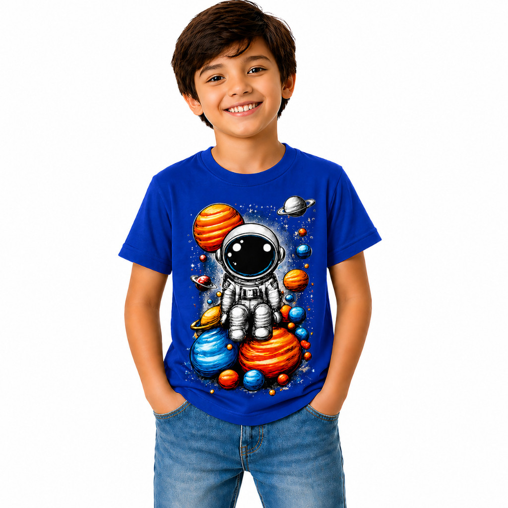 Camiseta Infantil Astronauta Espaço Algodão Confortável Estampa Premium Menino Menina 2 a 14