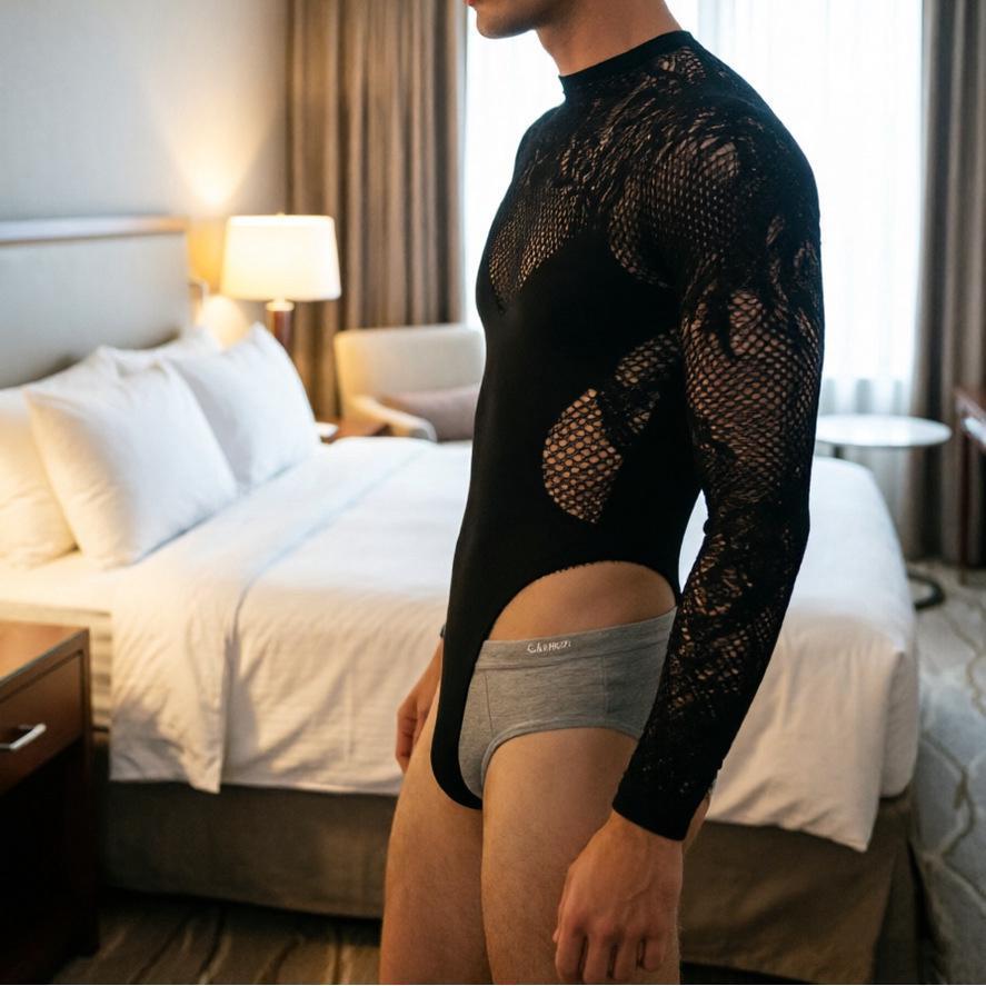 Roupa interior masculina de manga comprida oco Net roupas masculinas em torno do pescoço estiramento Bodysuit boate mode