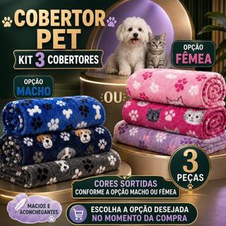 Manta Cobertor Pet Kit 3 Unidades - Flanelado Poliéster, Cores Sortidas, Lavável e Macio, para Cães e Gatos
