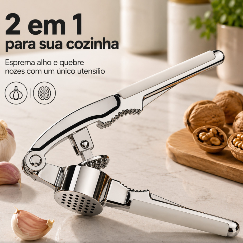 ESPREMEDOR TRITURADOR DE ALHO MANUAL EM METAL CROMADO COM QUEBRA-NOZES USO DOMÉSTICO LIREX