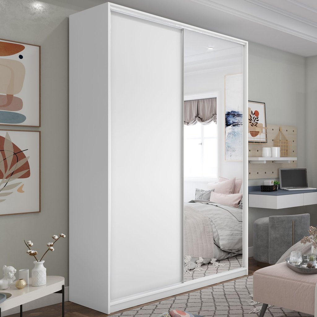 Guarda Roupa Solteiro 100% MDF BP com 2 Portas e 1 Espelho Zermatt Branco Branco