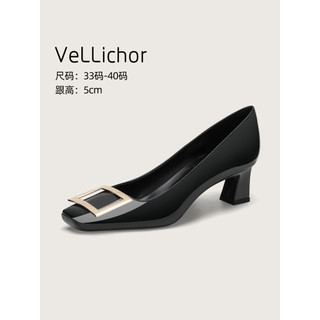 2026 Novo estilo fivela quadrada couro envernizado preto sapatos únicos femininos de salto médio francês retrô boca rasa