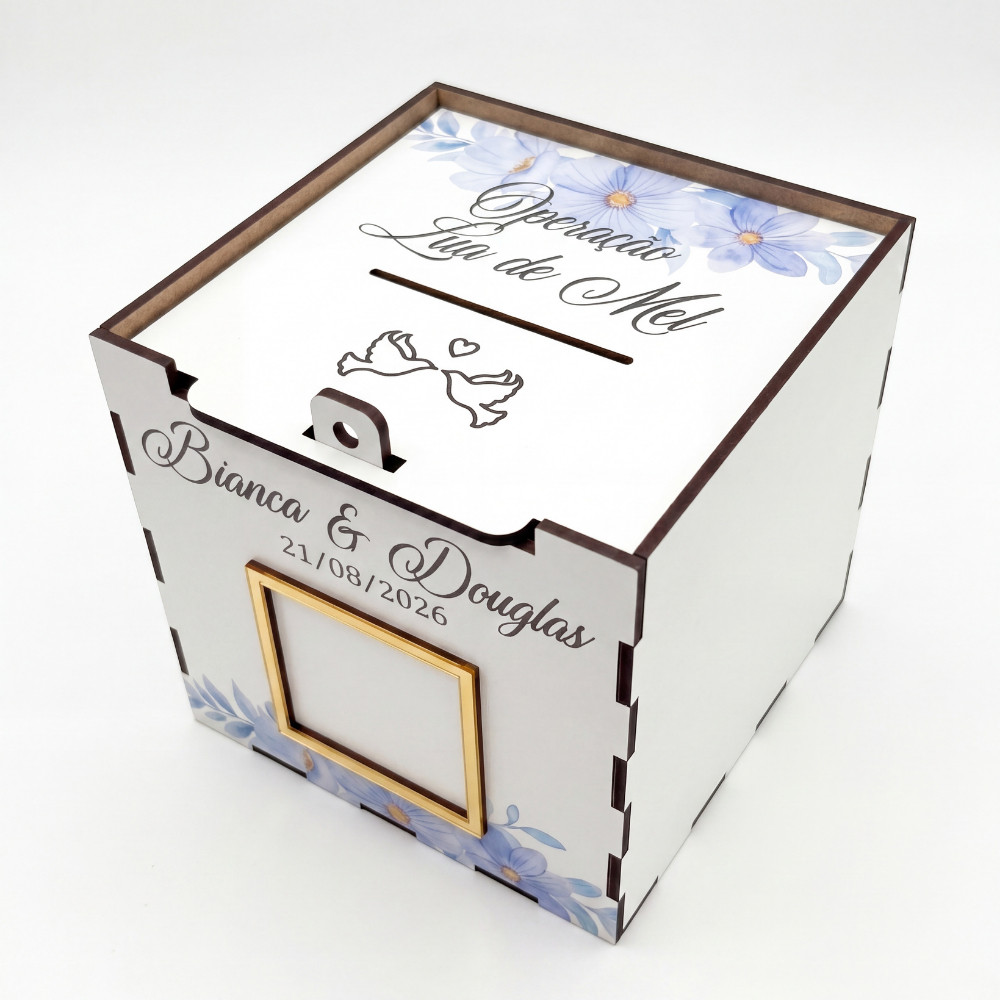 Caixa Pix Casamento Floral Azul Personalizada Corte da Gravata Operação Lua de Mel QR Code MDF 13cm
