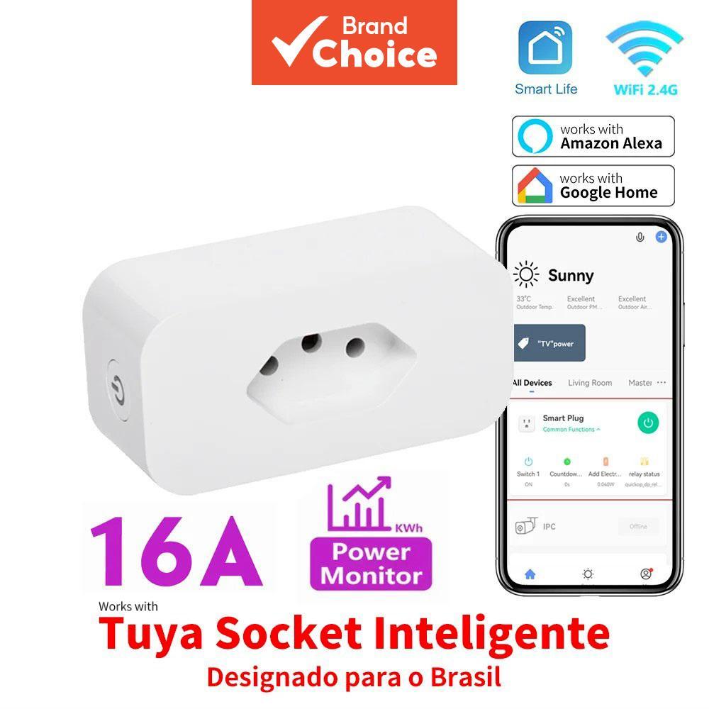 AXUS Para Tomada Inteligente Tuya 16A Padrão Brasileiro WiFi com Monitor de Energia, Controle por App Smart Life, Voz