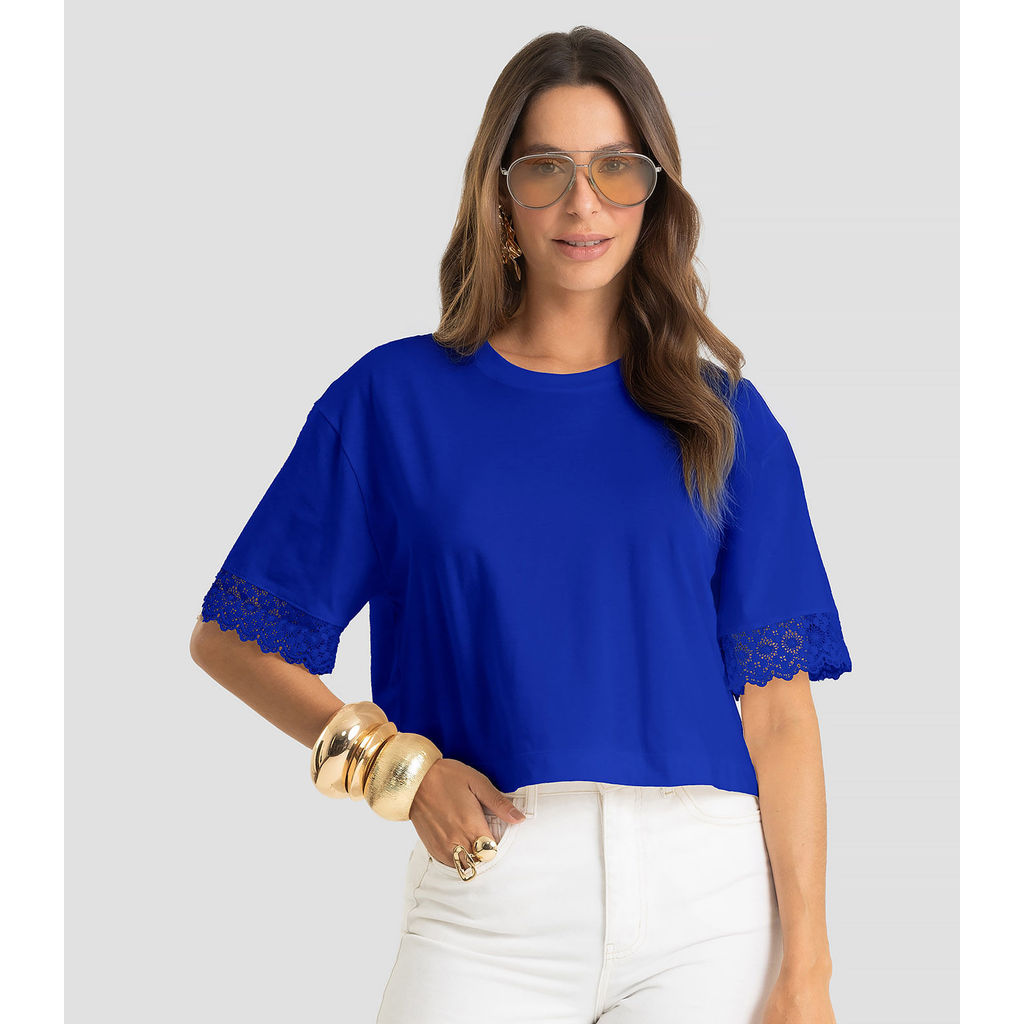 Blusa Feminina Meia Malha Renda Na Manga Dianna Azul