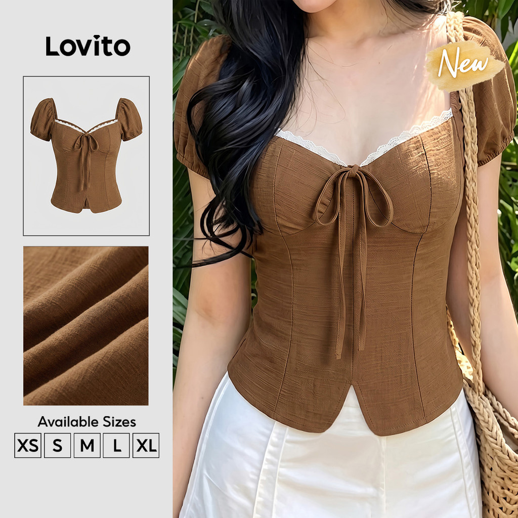 (New Arrival) Lovito Blusa Casual Plissada com Cadarço Marrom Primavera/verão para mulheres BLK9TD044