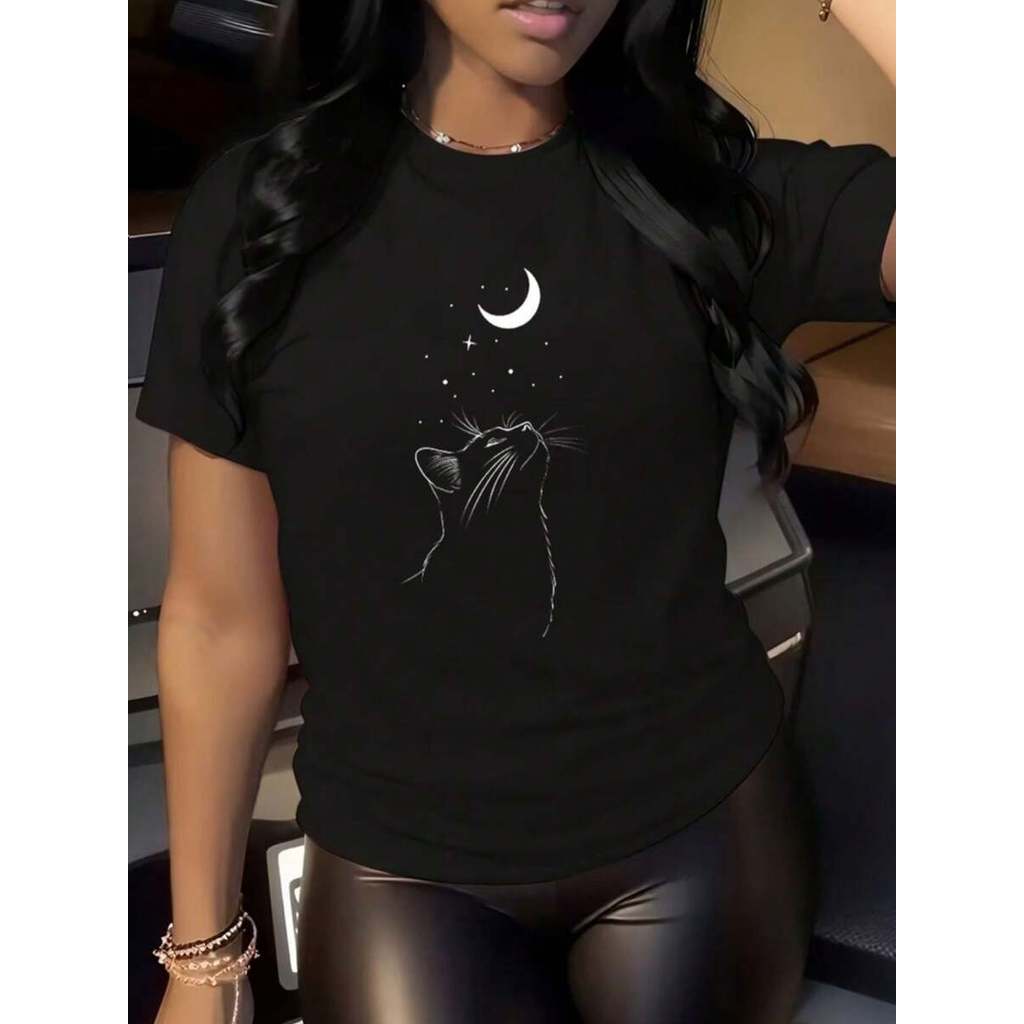 Camiseta feminina gato lua estilo casual blogueirinha 100% algodão confortável