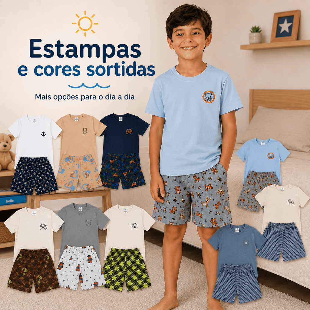 Conjunto Pijama Infantil para Meninos 100% Algodão Camiseta e Shorts Estampas Sortidas 2 ao 16 Anos