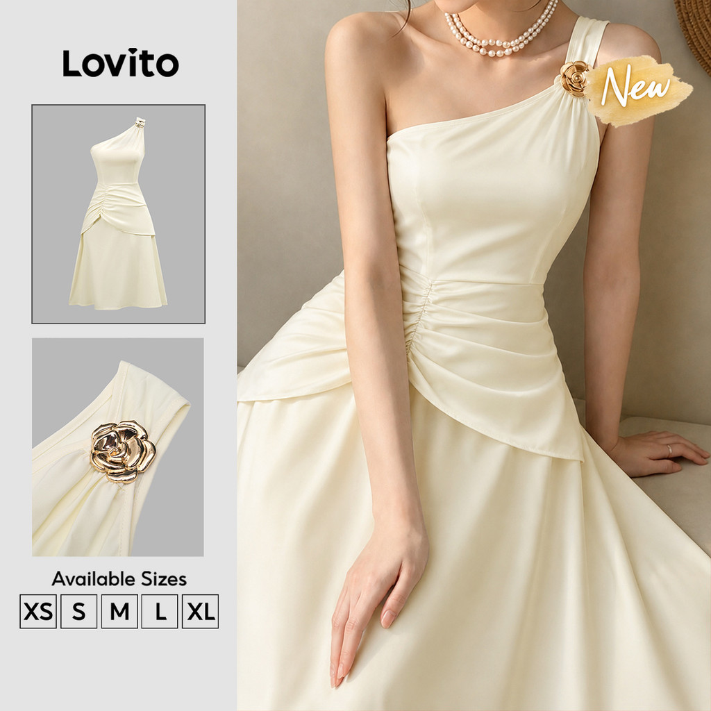(New Arrival) Lovito Vestido Casual de Verão e Primavera com Fivela Metálica Cor Damasco para mulheres DRK9P2D302