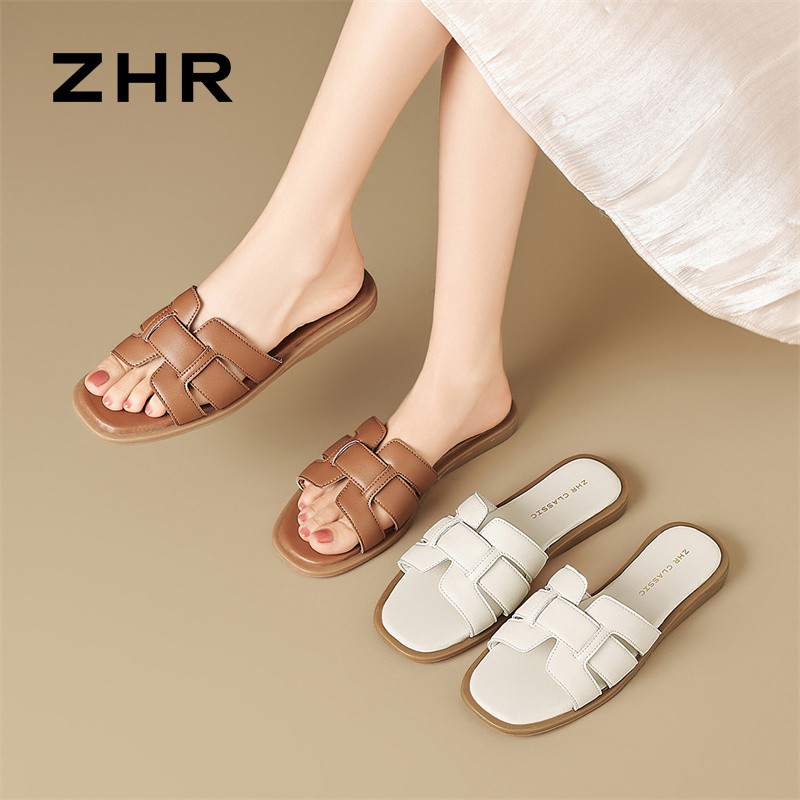 ZHR simples férias Flip-Flops feminino 2026 outono novo estilo sapatos femininos salto plano pode usar fora duas sandáli