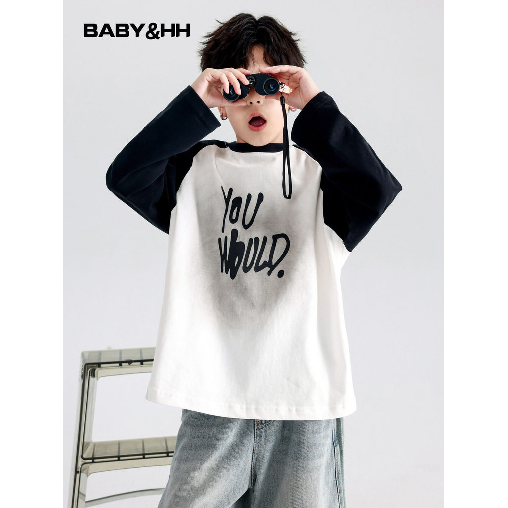 Grande menino primavera outono gradiente contraste cor manga comprida camiseta 2026 novo estilo crianças menino outono r