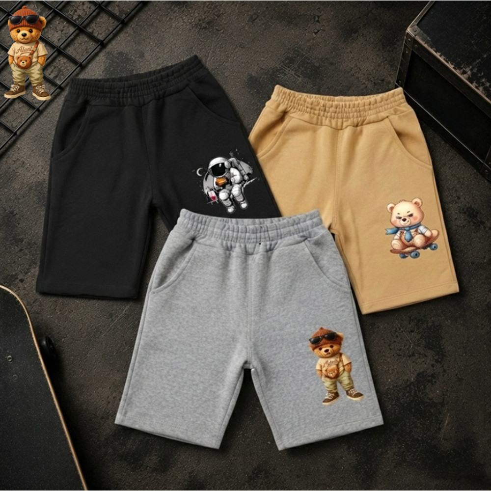 Bermudas Kit Com 3 Infantil Moletinho Masculino Estampada Menino Com Bolso Urso, Astronauta, Confortável